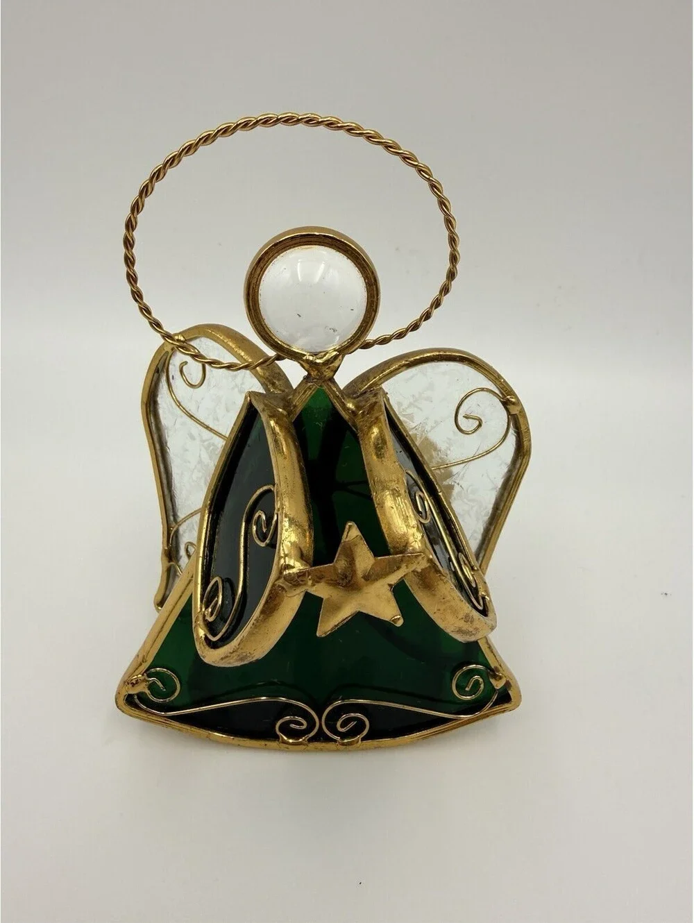 Vintage Stained Glass Green & Gold Tone Metal Angel Tealight Votive Holder 4.5